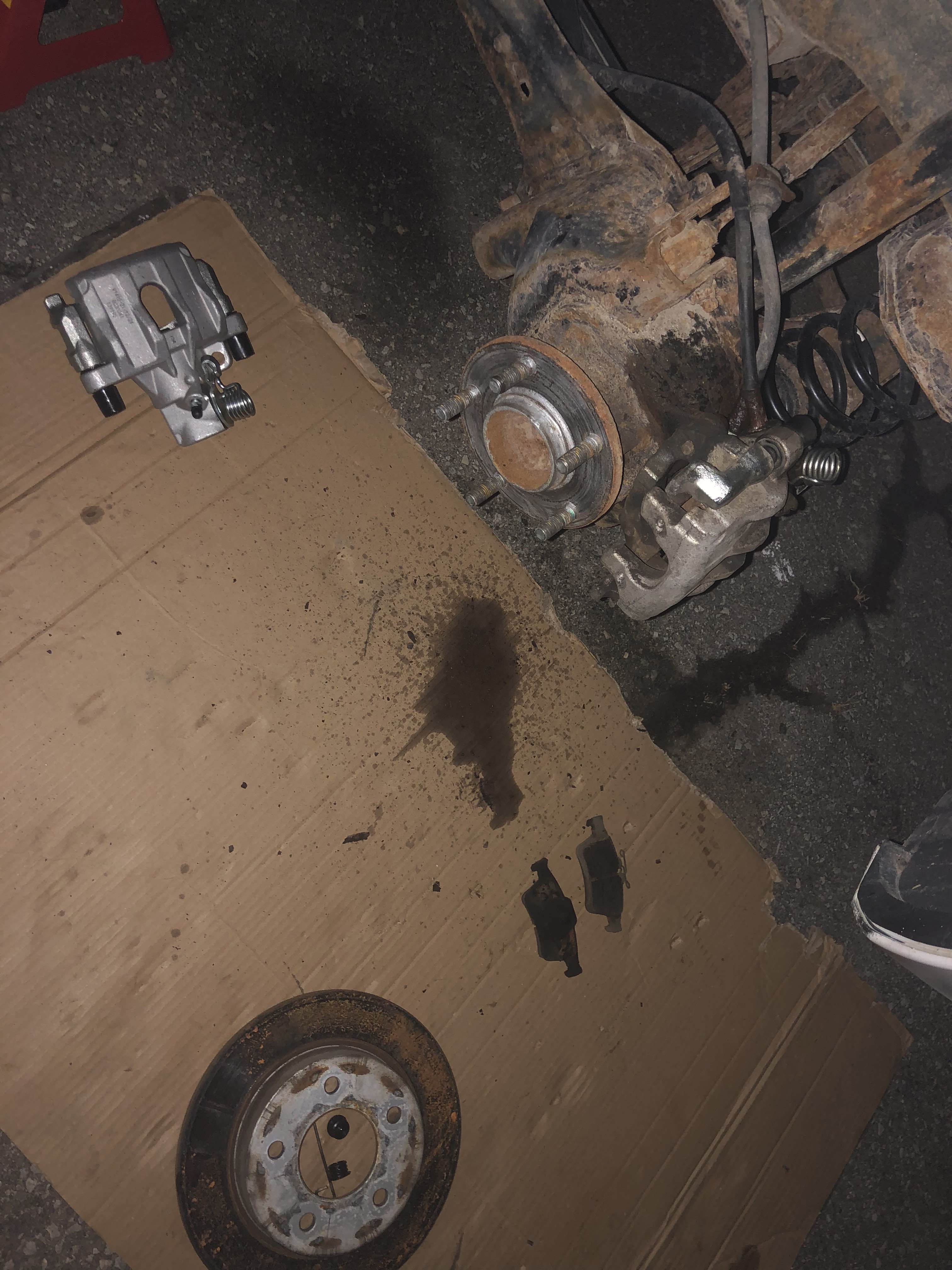 Night time, ebrake cable soaking in penetrating fluid