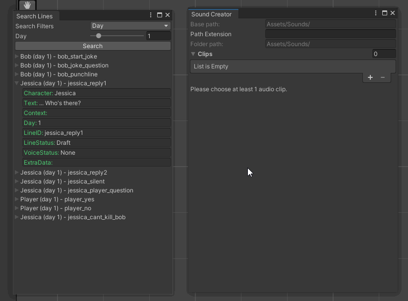 Custom Unity editor windows showing imported conversations linked with audio files