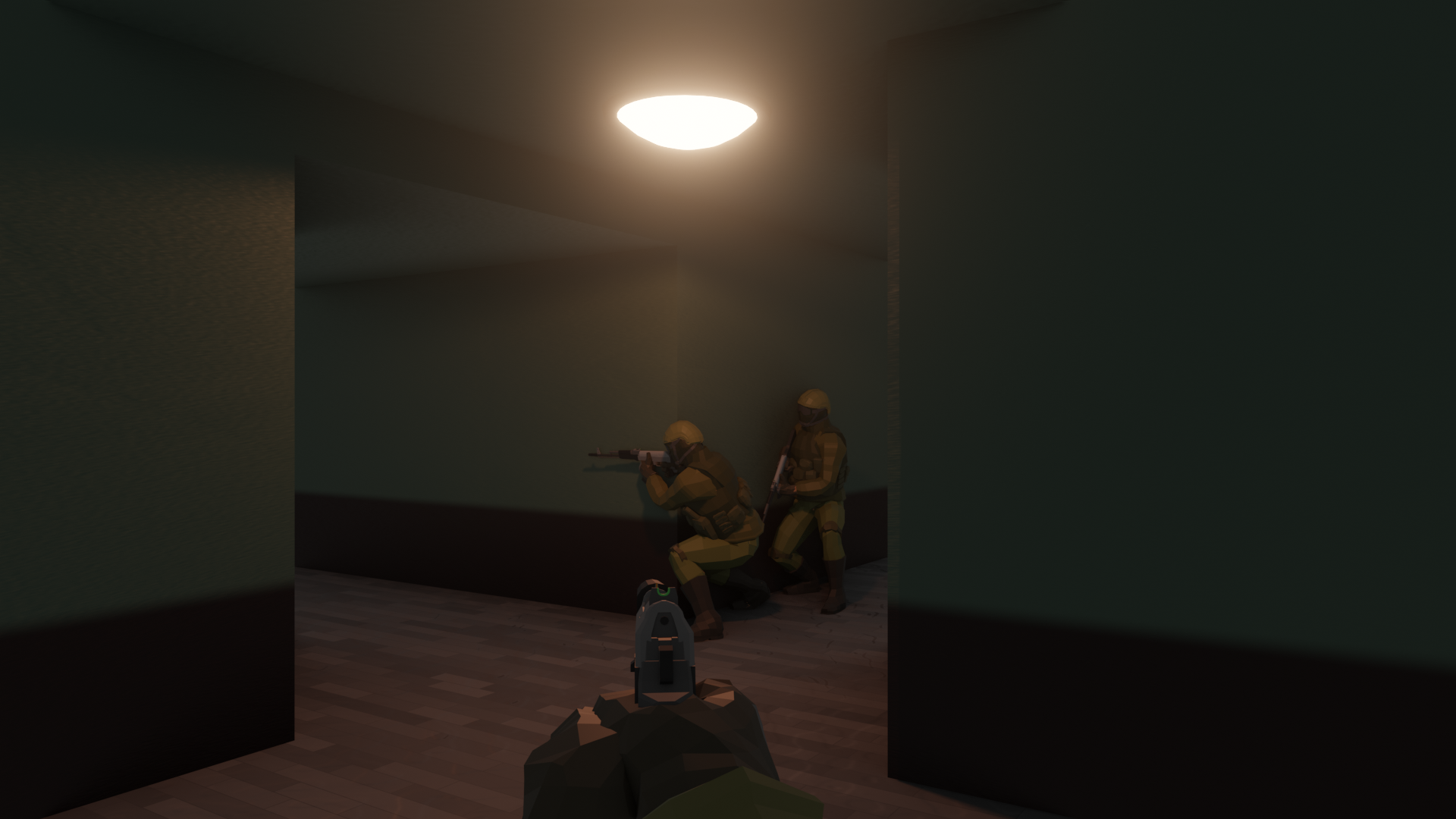 Two low-poly soldiers in a hallway, with the player aiming at them