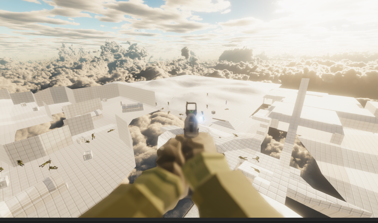 Screenshot of character holding a pistol, open skybox greybox area