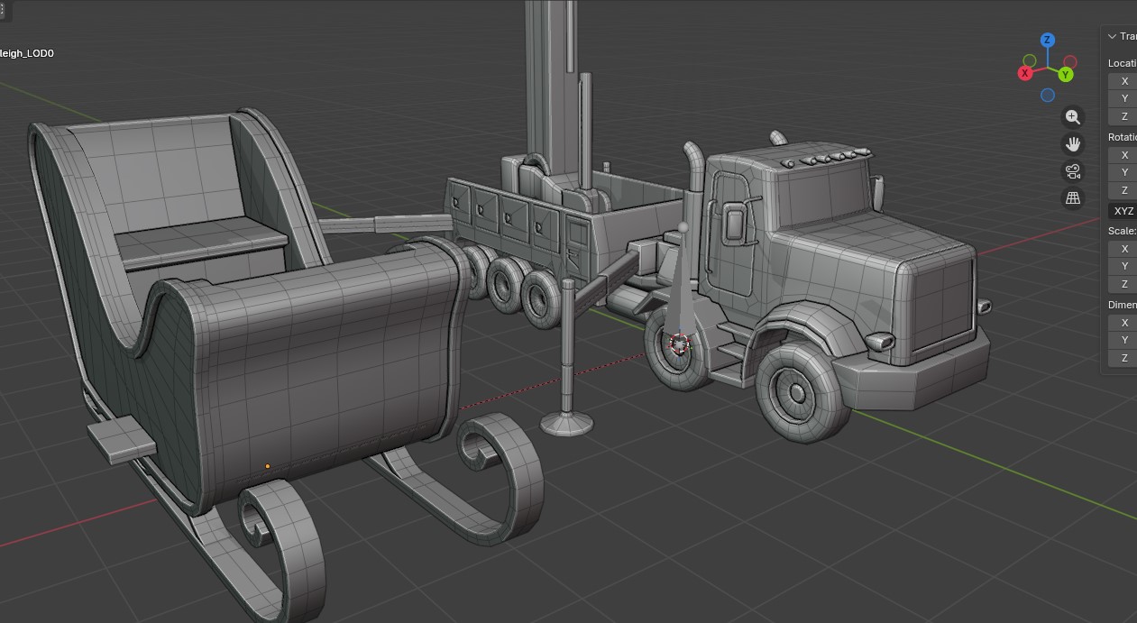 Wireframe view showing topology of crane and sleigh