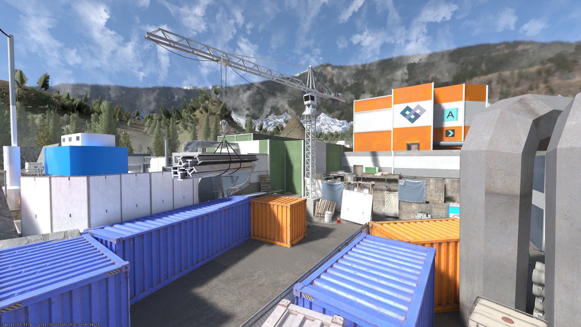 In-game view of the final map, showing shipping containers and large, bright buildings