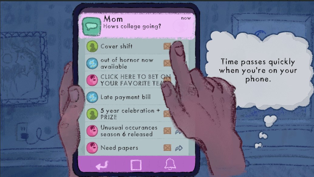 Game screen showing a hand swiping through notifications